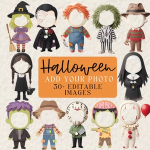 May include: A collection of 14 cartoon-style character illustrations with blank face cutouts for photo insertion. The central orange rectangular graphic features the text: Halloween, ADD YOUR PHOTO, 30+ EDITABLE IMAGES. Characters include a witch, vampire, doll, striped suit figure, sweater-clad figure, girl with braids, nun, monster, scarecrow, hockey mask figure, zombie, and clown.