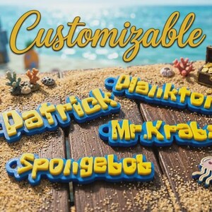 May include: Four blue and yellow plastic name tags featuring the names Patrick, Plankton, Mr. Krabs, and Spongebob in a bold, bubbly font. Each tag has a small circular hole for attachment. The text Customizable is displayed in large yellow script.