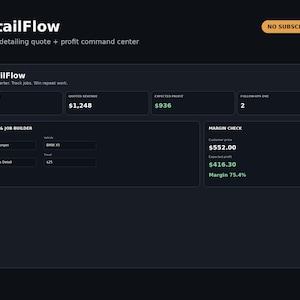 May include: A dark-themed software dashboard titled DetailFlow, featuring a mobile detailing quote and profit command centre. The interface displays metrics including open jobs, quoted revenue, expected profit, follow-ups due, a quote and job builder section, and a margin check tool with specific financial data points.