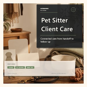 以下が含まれることがあります： ペットシッター向けのデジタルダウンロード資料「Pet Sitter Client Care」。A4およびUSレターサイズの15ページ構成で、WordおよびPDF形式で提供されます。引き渡しからフォローアップまでの連携ケアに関するテキストが含まれています。