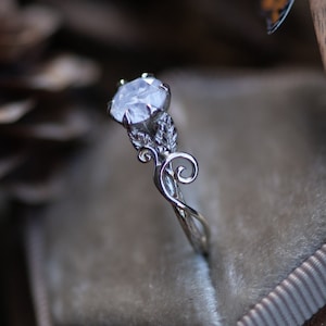 Custom 14k Gold Elvish Engagement Ring with Scrollwork, Opalescent White Diamond - Salt and Pepper, Yellow, Rose or Palladium White Gold