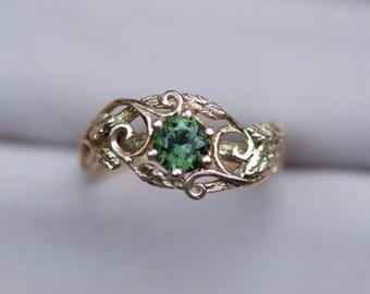 The Wilderness Ring with Green Sapphire - Fantasy Faerie Elvish Twig Branch Bark Engagement Ring Swirls Scrollwork Leaves 14k Yellow Gold