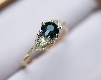 The Bramble Ring - Green Sapphire Elvish Engagement Ring, 14 Yellow Gold Nature Inspired Twig Leaf