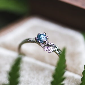 Custom Oak Leaf Solitaire Green Montana Sapphire Engagement Ring  - Vintage Inspired Design with Leaves and Twig Bark - Fairytale Ring
