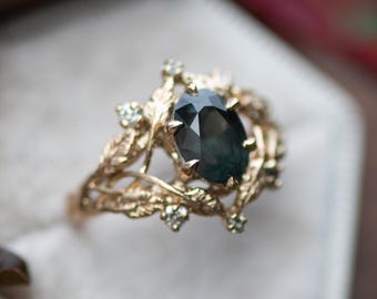 The Elven Forest Ring - Handmade Trellis Filigree Leaf Vine 14k Gold with Forest Green Oval Natural Sapphire