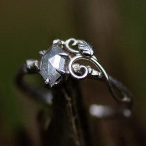 Hexagon Rose Cut Diamond in 14k White Gold Twig Bark Ring  - Handmade Elvish Engagement Ring Grey Salt and Pepper Diamond Swirly Scrollwork