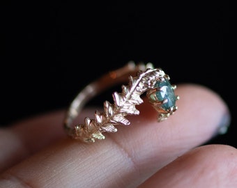 Custom Fern Ring in 14K Gold, Rose Yellow or Palladium White, with Oval Green Sapphire, Forest Woodlands Fairy Elvish Engagement Ring