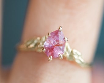 Elvish Engagement Ring with Geometric Pink Sapphire - 14k Yellow Gold and Platinum, Nature Leaf Ring, Pear Cut