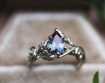 Briar Rose -  Custom Elvish Twig Bark Ring Pear Shaped Pink Green Blue Lab Sapphire Moissanite Engagement Swirls Leaves 14k Gold