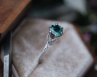 Custom 14k Yellow, Rose or Palladium White Gold Elvish Engagement Ring with Opalescent Teal Green Parti Sapphire - Twig Leaf Setting