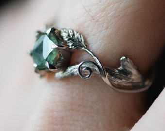 Elvish Engagement Ring with Hexagon Forest Green Zircon Swirly Vines, Leaves, Bark Textured Twig Branch Ring in 14k Palladium WhitweGold