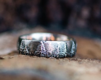 Custom Wedding Band, Ring with a Forest Crescent Moon and Ursa Major Constellation, Sterling Silver, Big Bear, Karlsvogna