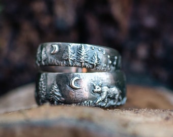 Custom Wedding Band, Ring with a Forest and Bear under a Crescent Moon, 925 Sterling Silver