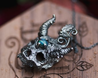 Demon Skull Moonstone Evil Eye Pendant - Swirly Vines and Leaves Crystal Point Witch Memento Mori, Opal Devil Skull