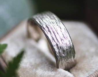 Bark Ring Sterling Silver Wedding Band Ring For Men - Male Wedding Ring - Natural Twig Bark Tree Oxidized Black or Shiny Silver