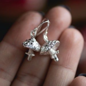 Mushroom Earrings in 925 Sterling Silver Black or White, or 14K Gold, Yellow, Rose or White