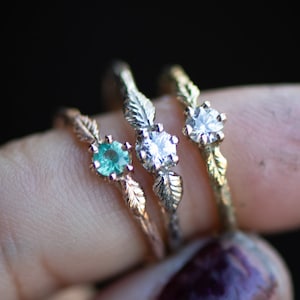 Custom Baby Leaf ~ Twig Gold Ring Salt and Pepper White Grey Black Diamond, Sapphire, Alexandrite, Morganite, Amethyst, Peridot