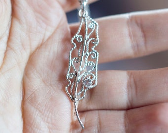 Filigree Feather with Tiny Sparkling Gem - Zirconia - Sterling Silver Handmade Filigree Necklace
