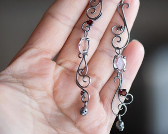 Persephone Earrings - Scrollwork, Skulls, Quartz and Garnets - Oxidized Sterling Silver Dangling Long Earrings