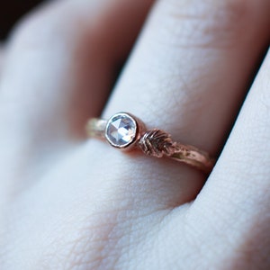 Elvish Twig Ring, Rose Gold Engagement Ring, Rose Cut Moissanite, 5mm, Leaf Ring, Low Set Ring, Fairytale Ring, Bark Ring, Solitaire
