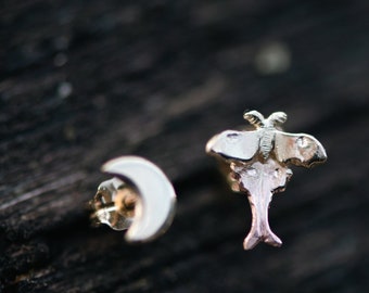 Luna Moth and Crescent Moon Earrings 14k Yellow and Rose Gold, Tiny Dainty Butterfly Moth, Good Luck Charm, Stud Earrings