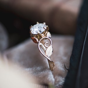 Custom Twig Moissanite Ring with Leaf ans Swirls - Cast Natural Twig Branch Leaves Elvish Moissanite White Rose Yellow Gold 14k