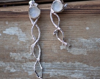 Elvish Twig Earrings with Moonstones - Mismatched Asymmetrical Pair Long Studs Sterling Silver 925