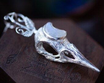 Bird Crow Skull with Crescent Moon Moonstone - Swirly Vines and Leaves, Witchy