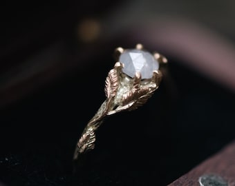Icy White Rose Cut Diamond in 14K Gold Leaf Twig Elvish Engagement Ring - Fairytale Nature Inspired Alternative Opalescent Salt and Pepper