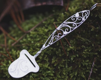 Ostehøvel - 925 Sterling SIlver Filigree Pendant with Rosemaling Scrollwork Engraving, Norwegian Cheese Cutter, Pendant or Brooch or Tie Pin