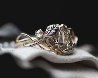 The Odette Ring - Hidden Swan, Geometric Champagne Diamond, Swirly Leaf Twig Ring with Scrollwork Filigree- Nature Inspired