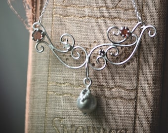 Persephone Necklace II - Sterling Silver Swirls and Pomegranate with Three Garnets and an Opal