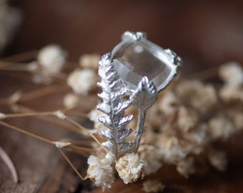 Fern and Leaf Ring in 925 Sterling Silver, and a Himalayan Quarts, Portrait Cut Window. Woodland Forest Fairycore Ring