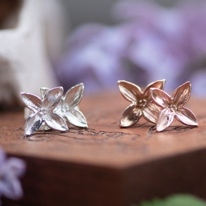 Lilac Flower Earrings - Handsculpted Leaves in 14k Gold or Silver - Single or Pair - Dainty Tiny Small Cute Stick Studs Stud - Syriner