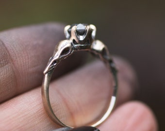 Custom Witchy ring with Crow Skulls and Black Diamond - 14k Yellow Gold with Black Rhodium -  Hand carved Bird Skulls - Raven