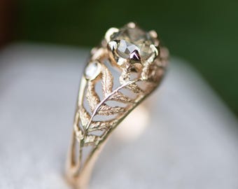 Green Diamond Elvish Engagment Ring with Handcarved Ferns - Edwardian Vintage Inspired Unique Fern Leaf 14k Gold