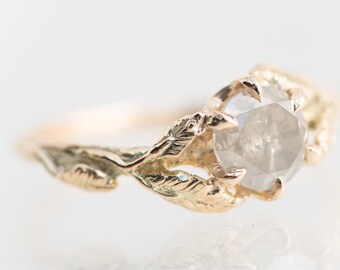 The Bramble Ring -  Icy White Diamond in 14k Yellow Gold Engagement Ring, Elvish Engagement Nature Twig Ring With Leaves and Vines