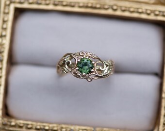 The Wilderness Ring with Green Sapphire - Fantasy Faerie Elvish Twig Branch Bark Engagement Ring Swirls Scrollwork Leaves 14k Yellow Gold