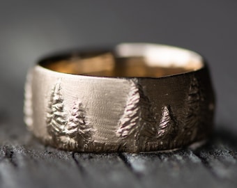 Custom Wedding Band, Ring with a Forest under a Crescent Moon, 14k yellow, rose or white gold
