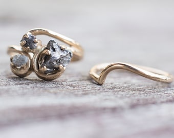 Meteorite And Rough Uncut Natural Diamond Ring with 14k White, Yellow or Rose Gold, and Campo del Cielo Engagement Ring Bridal Set