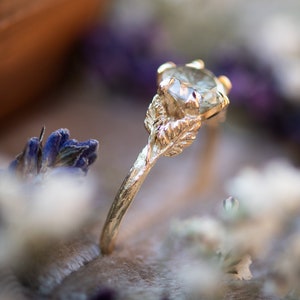 Custom 14k Gold Elvish Engagement Ring with Green Diamond -  Salt and Pepper Green Diamond in Twig Setting with Leaves