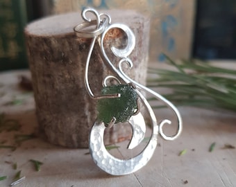 Moldavite and Swirly Silver Pendant - meteorite