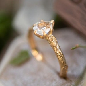 Relief Scrollwork Ring in 14k Yellow Gold with Portrait Cut Sapphire, Shield Shape, Swirls and Leaves, Elvish Engagement Ring