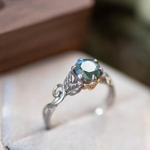 The Fae Ring in 14k Palladium White Gold with Yellow Gold Sun and Moon Green Sapphire - Elvish Leaf Twig Nature  Fairytale Engagement Ring