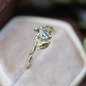 Custom Bramble Ring - Rose Cut Green Geometric Sapphire or Emerald, Elvish Engagement Ring, Leaf Twigs