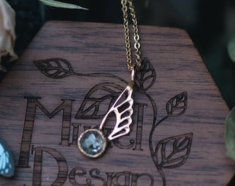 Fairy Wing Pendant in 14k Yellow Gold With Rose Cut Salt and Pepper Diamond