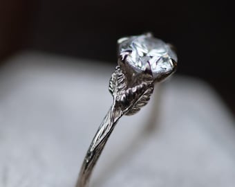 Custom Nature Inspired Palladium White Gold Engagement Ring with Lab Made Synthetic Diamond, Elvish Fairytale Leaf Twig Ring