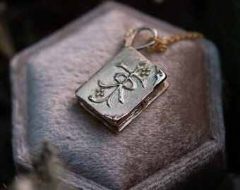 Miniature Book Locket - Elvish Book, Fantasy, 14k Yellow Gold Book That Opens, Book Necklace Pendant