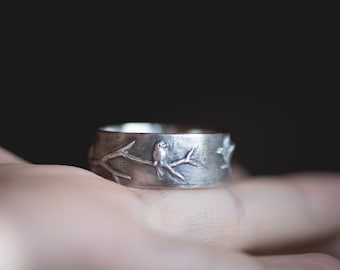 Hand Carved Birds on a Branch Ring - Wedding Band in 915 Sterling Silver, Bird