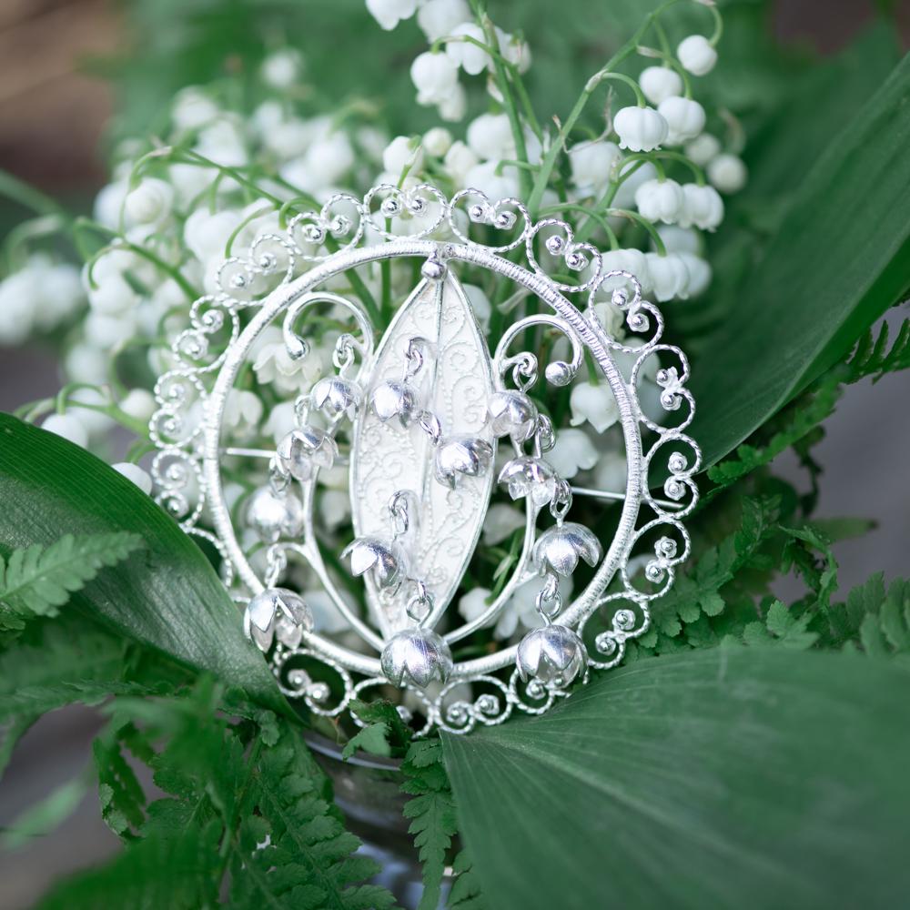 Liljekonvall Sølje - 925 sterling silver Norwegian brooch for Bunad or Festdrakt, handmade fantasisølje, Lily of the Valley